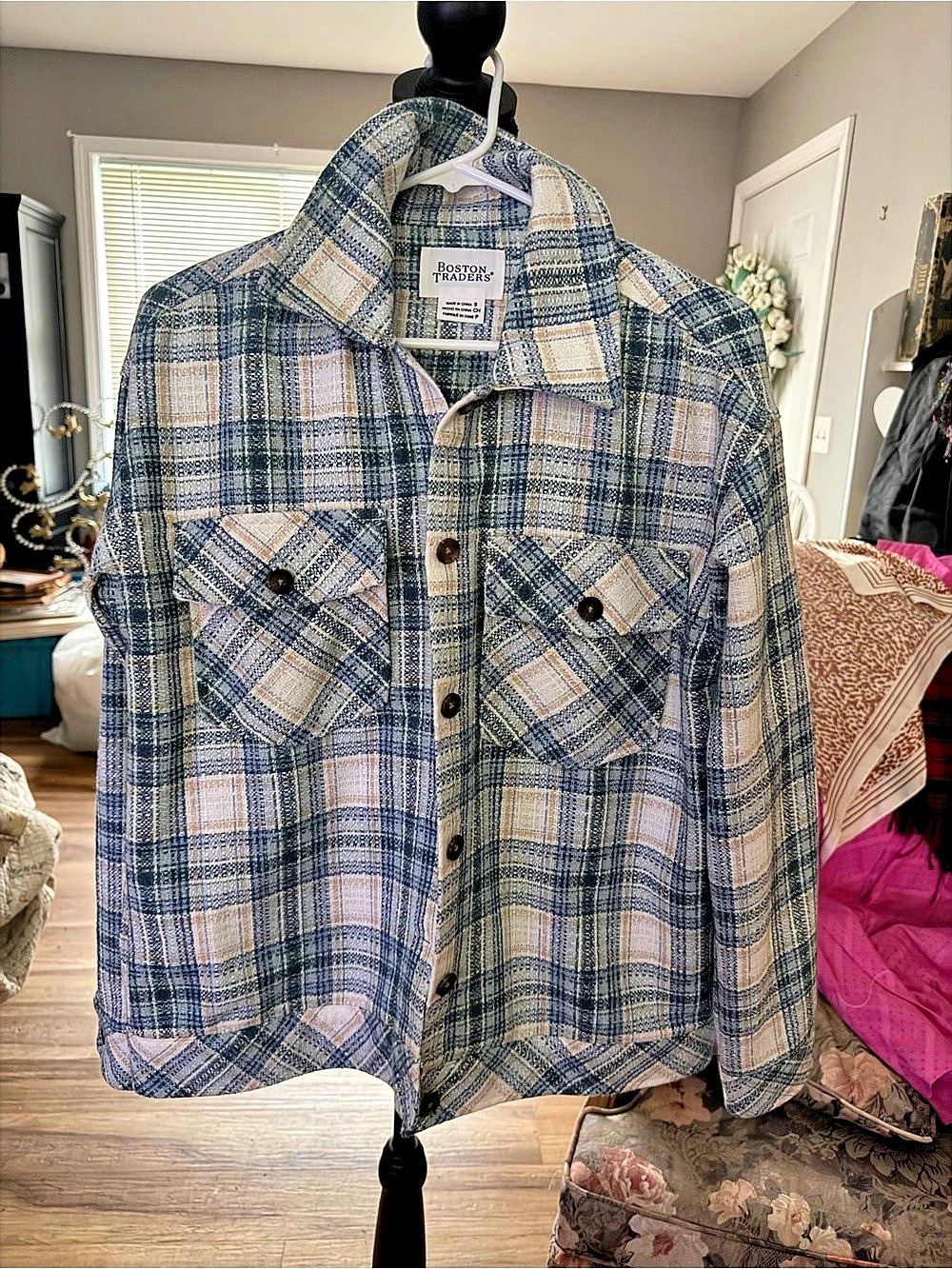 Boston Traders Plaid Utility Jacket in Blue & Cream Like New